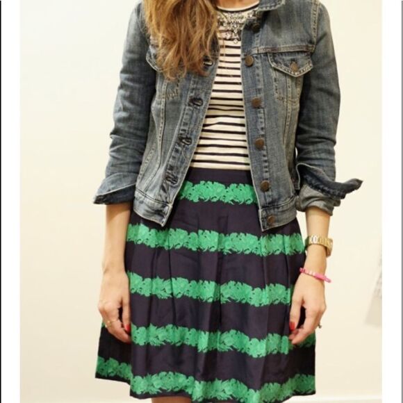 ASO The Mindy Project J. Crew 100% Silk Kelly Green Navy Blue Beanstalk Skirt - Picture 1 of 15